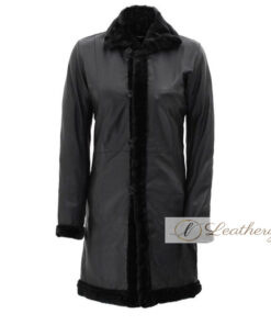 Raven Shearling Black Leather Trench Coat For Women