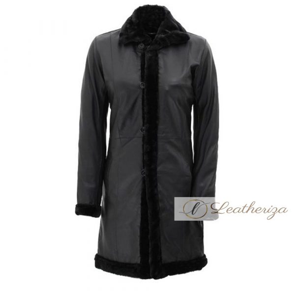 Raven Shearling Black Leather Trench Coat For Women