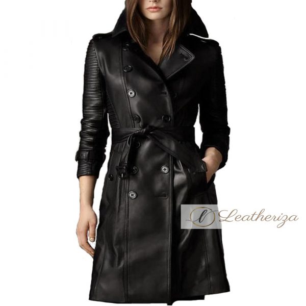 Shaylee Black Leather Trench Coat For Women