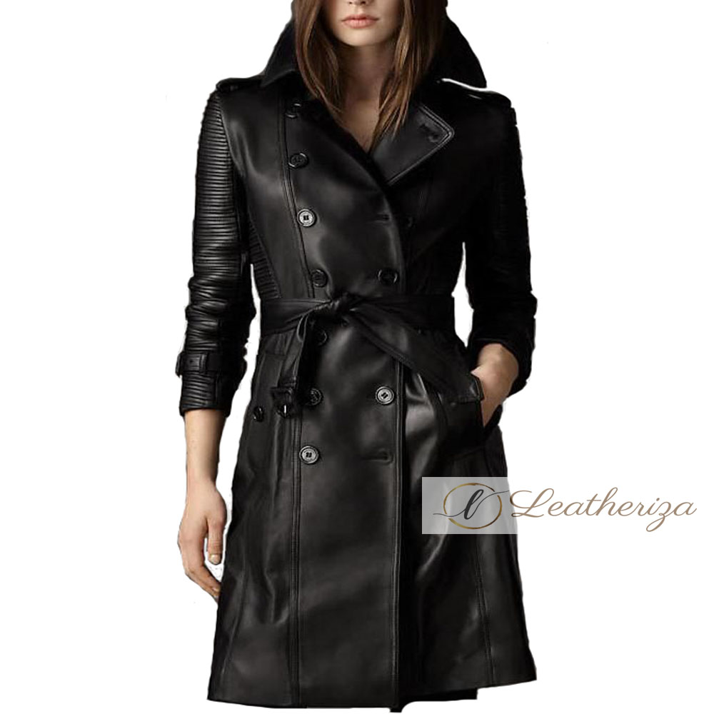Buy Shaylee Black Leather Trench Coat For Women | leatheriza.com