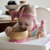 KIDSAVIA Baby Toddler Bamboo Bowl and spoon with Silicone Suction - Stay Put Bowl - Bamboo Bowl Gripper Mat Weaning Self Feeding, Round Cute Bowl - Color may vary - Image 5