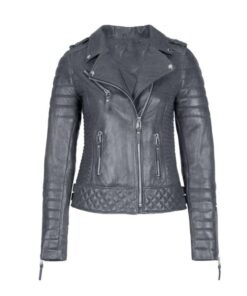 Women Leather Jacket Motorcycle Biker Genuine Sheepskin Leather Jacket for Women Grey