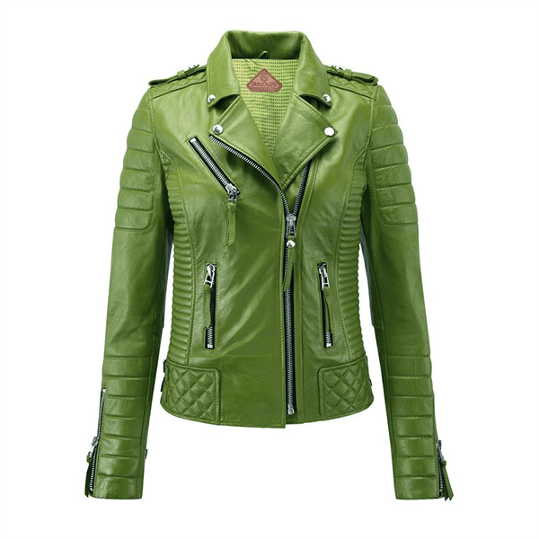 Women Stylish Motorcycle Biker Genuine Sheepskin Leather Jacket for Women Light Green