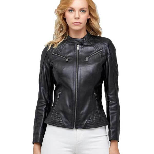 Women?s Biker Genuine Sheepskin Black Leather Jacket for Women - Leatheriza