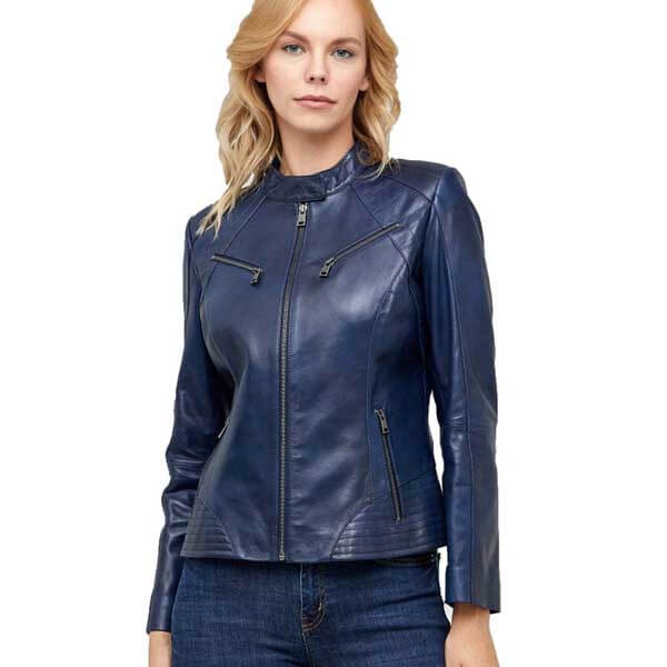 Women?s Leather Jacket Biker Genuine Sheepskin Blue Leather Jacket for ...