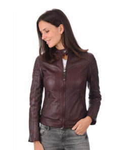 Burgundy Women Leather Biker Jacket