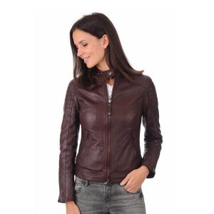 Burgundy Women Leather Biker Jacket