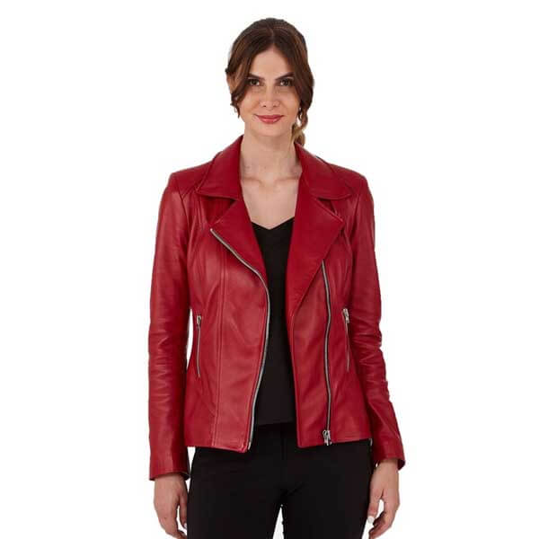 Cherry Red Women?s Leather Biker Genuine Sheepskin Jacket for Women ...