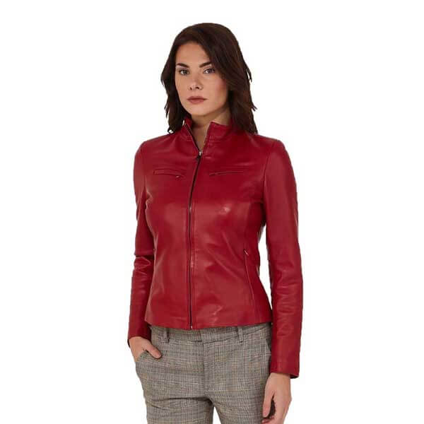 Red Women?s Leather Biker Genuine Sheepskin Jacket for Women - Leatheriza