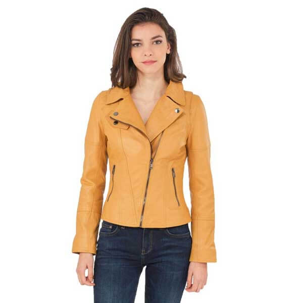 Yellow Women?s Leather Biker Genuine Sheepskin Jacket for Women ...