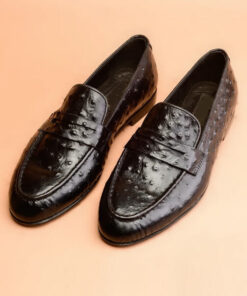 Ostrich Penny Loafer Black Shoes For Men