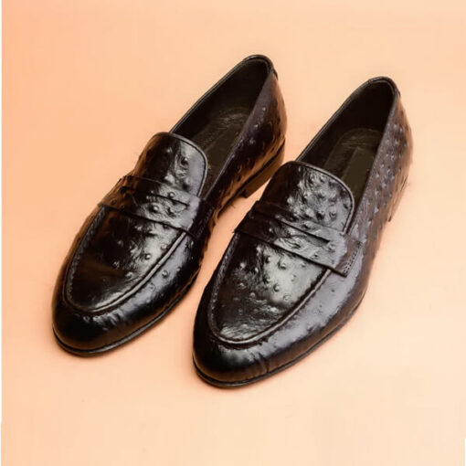 Ostrich Penny Loafer Black Shoes For Men