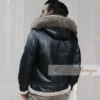 Black Fur Hooded Bomber Leather Jacket - Image 2