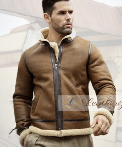 Brown Shearling Leather Bomber Jacket
