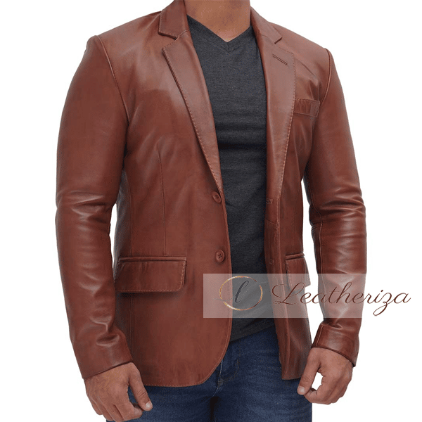 Brown Leather Blazer Jacket For Men - leatheriza.com