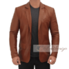Men Brown Leather Blazer Jacket - Image 2